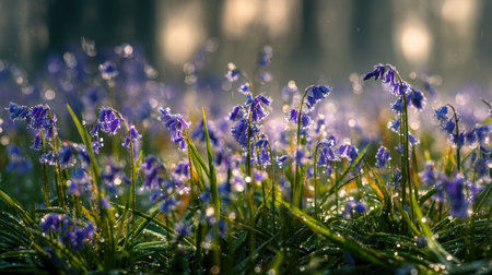 A panoramic wide view of Bluebell meadow growing closely together in a dewy morning shining droplets on leaves warm soft daylight ultra realistic photography cinematic wide composition lifelike natural sceneの写真素材