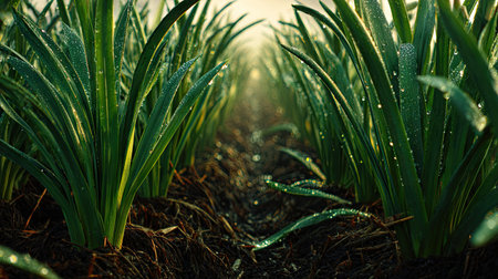 A panoramic wide view of Amaryllis field growing closely together in a dewy morning shining droplets on leaves warm soft daylight ultra realistic photography cinematic wide composition lifelike natural sceneの写真素材