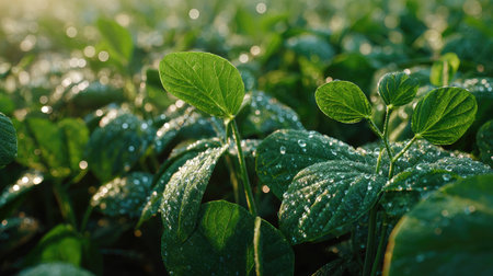 A panoramic wide view of Adzuki bean field growing closely together in a dewy morning shining droplets on leaves warm soft daylight ultra realistic photography cinematic wide composition lifelike natural sceneの写真素材