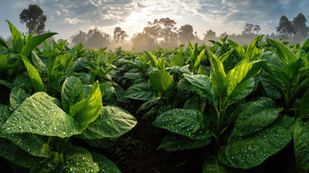 A panoramic wide view of Betel nut field growing closely together in a dewy morning shining droplets on leaves warm soft daylight ultra realistic photography cinematic wide composition lifelike natural sceneの写真素材
