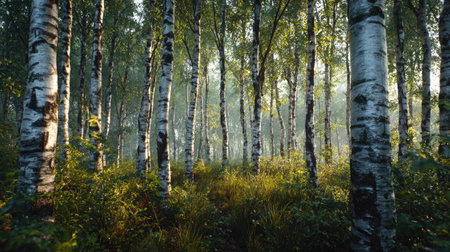 A panoramic wide view of Birch bark forest growing closely together in a dewy morning shining droplets on leaves warm soft daylight ultra realistic photography cinematic wide composition lifelike natural sceneの写真素材