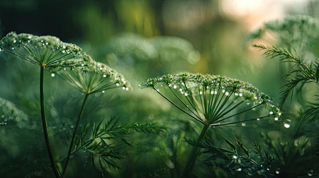 A panoramic wide view of Dill garden growing closely together in a dewy morning shining droplets on leaves warm soft daylight ultra realistic photography cinematic wide composition lifelike natural sceneの写真素材