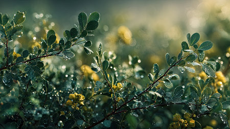 A panoramic wide view of Boswellia field growing closely together in a dewy morning shining droplets on leaves warm soft daylight ultra realistic photography cinematic wide composition lifelike natural sceneの写真素材