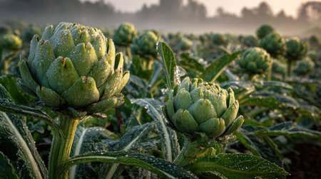 A panoramic wide view of Artichoke field growing closely together in a dewy morning shining droplets on leaves warm soft daylight ultra realistic photography cinematic wide composition lifelike natural sceneの写真素材