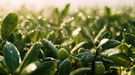 A panoramic wide view of Feijoa field growing closely together in a dewy morning shining droplets on leaves warm soft daylight ultra realistic photography cinematic wide composition lifelike natural sceneの写真素材