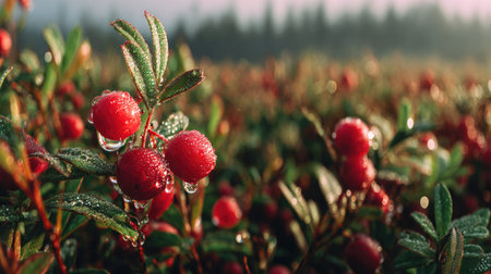 A panoramic wide view of Cranberry field growing closely together in a dewy morning shining droplets on leaves warm soft daylight ultra realistic photography cinematic wide composition lifelike natural sceneの写真素材