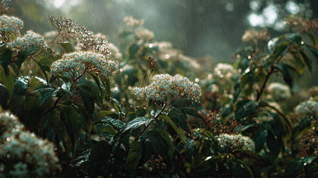 A panoramic wide view of Elderberry field growing closely together in a dewy morning shining droplets on leaves warm soft daylight ultra realistic photography cinematic wide composition lifelike natural sceneの写真素材