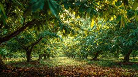A panoramic wide view of Horse chestnut field growing closely together in a dewy morning shining droplets on leaves warm soft daylight ultra realistic photography cinematic wide composition lifelike natural sceneの写真素材