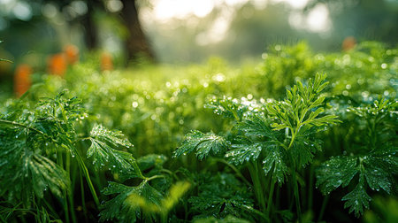 A panoramic wide view of Coriander garden growing closely together in a dewy morning shining droplets on leaves warm soft daylight ultra realistic photography cinematic wide composition lifelike natural sceneの写真素材