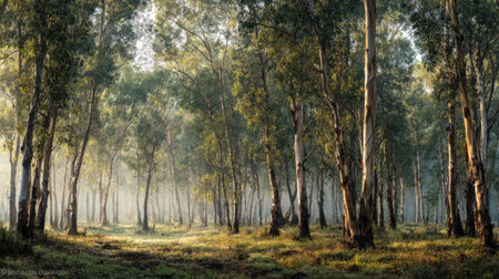 A panoramic wide view of Blue gum field growing closely together in a dewy morning shining droplets on leaves warm soft daylight ultra realistic photography cinematic wide composition lifelike natural sceneの写真素材