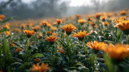 A panoramic wide view of Calendula field growing closely together in a dewy morning shining droplets on leaves warm soft daylight ultra realistic photography cinematic wide composition lifelike natural sceneの写真素材