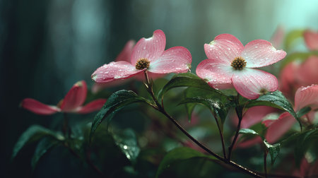 A panoramic wide view of Flowering dogwood garden growing closely together in a dewy morning shining droplets on leaves warm soft daylight ultra realistic photography cinematic wide composition lifelike natural sceneの写真素材