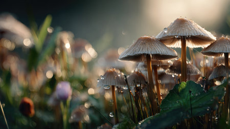 A panoramic wide view of Button mushroom field growing closely together in a dewy morning shining droplets on leaves warm soft daylight ultra realistic photography cinematic wide composition lifelike natural sceneの写真素材