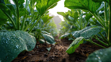 A panoramic wide view of Eggplant field growing closely together in a dewy morning shining droplets on leaves warm soft daylight ultra realistic photography cinematic wide composition lifelike natural sceneの写真素材