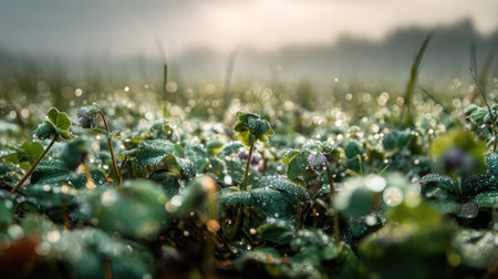 A panoramic wide view of Hellebore field growing closely together in a dewy morning shining droplets on leaves warm soft daylight ultra realistic photography cinematic wide composition lifelike natural sceneの写真素材
