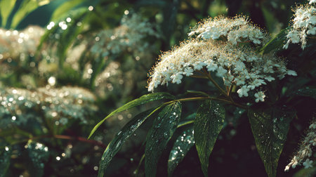 A panoramic wide view of Elderflower garden growing closely together in a dewy morning shining droplets on leaves warm soft daylight ultra realistic photography cinematic wide composition lifelike natural sceneの写真素材