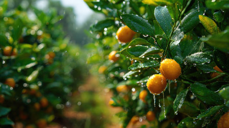 A panoramic wide view of Kumquat field growing closely together in a dewy morning shining droplets on leaves warm soft daylight ultra realistic photography cinematic wide composition lifelike natural sceneの写真素材