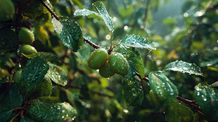 A panoramic wide view of Greengage field growing closely together in a dewy morning shining droplets on leaves warm soft daylight ultra realistic photography cinematic wide composition lifelike natural sceneの写真素材