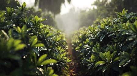 A panoramic wide view of Guava tree field growing closely together in a dewy morning shining droplets on leaves warm soft daylight ultra realistic photography cinematic wide composition lifelike natural sceneの写真素材