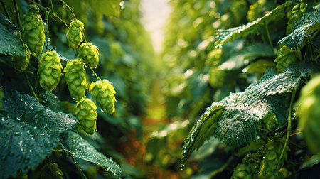A panoramic wide view of Hops field growing closely together in a dewy morning shining droplets on leaves warm soft daylight ultra realistic photography cinematic wide composition lifelike natural sceneの写真素材