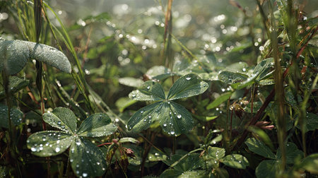 A panoramic wide view of Columbine field growing closely together in a dewy morning shining droplets on leaves warm soft daylight ultra realistic photography cinematic wide composition lifelike natural sceneの写真素材