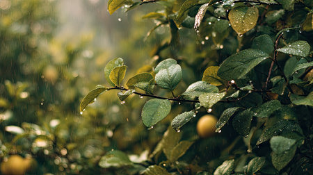A panoramic wide view of Lime orchard growing closely together in a dewy morning shining droplets on leaves warm soft daylight ultra realistic photography cinematic wide composition lifelike natural sceneの写真素材
