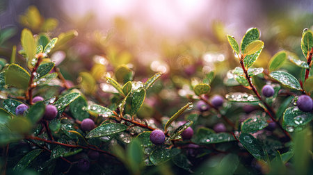 A panoramic wide view of Huckleberry field growing closely together in a dewy morning shining droplets on leaves warm soft daylight ultra realistic photography cinematic wide composition lifelike natural sceneの写真素材