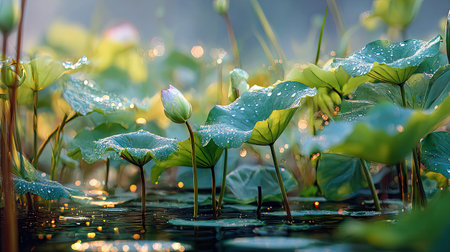 A panoramic wide view of Lotus pond growing closely together in a dewy morning shining droplets on leaves warm soft daylight ultra realistic photography cinematic wide composition lifelike natural sceneの写真素材