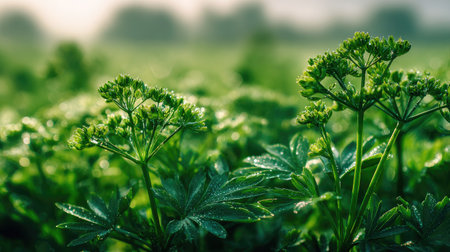 A panoramic wide view of Lovage field growing closely together in a dewy morning shining droplets on leaves warm soft daylight ultra realistic photography cinematic wide composition lifelike natural sceneの写真素材