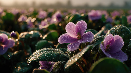 A panoramic wide view of Gloxinia field growing closely together in a dewy morning shining droplets on leaves warm soft daylight ultra realistic photography cinematic wide composition lifelike natural sceneの写真素材
