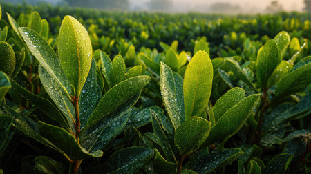 A panoramic wide view of Guava leaf field growing closely together in a dewy morning shining droplets on leaves warm soft daylight ultra realistic photography cinematic wide composition lifelike natural sceneの写真素材