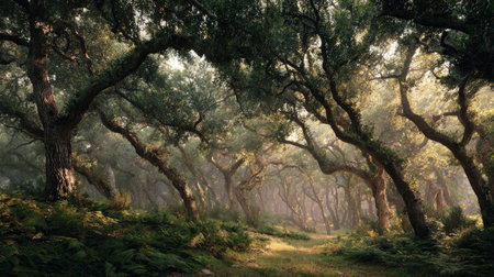 A panoramic wide view of Live oak forest growing closely together in a dewy morning shining droplets on leaves warm soft daylight ultra realistic photography cinematic wide composition lifelike natural sceneの写真素材
