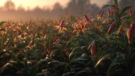 A panoramic wide view of Gloriosa lily field growing closely together in a dewy morning shining droplets on leaves warm soft daylight ultra realistic photography cinematic wide composition lifelike natural sceneの写真素材
