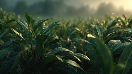 A panoramic wide view of Bitter leaf field growing closely together in a dewy morning shining droplets on leaves warm soft daylight ultra realistic photography cinematic wide composition lifelike natural sceneの写真素材
