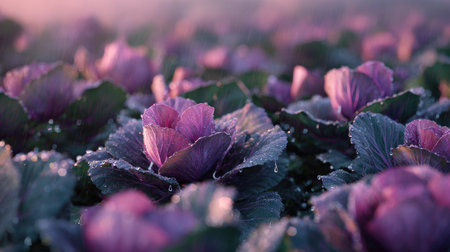 A panoramic wide view of Red cabbage field growing closely together in a dewy morning shining droplets on leaves warm soft daylight ultra realistic photography cinematic wide composition lifelike natural sceneの写真素材