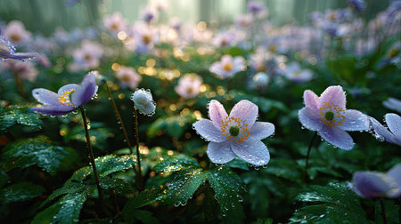 A panoramic wide view of Anemone field growing closely together in a dewy morning shining droplets on leaves warm soft daylight ultra realistic photography cinematic wide composition lifelike natural sceneの写真素材