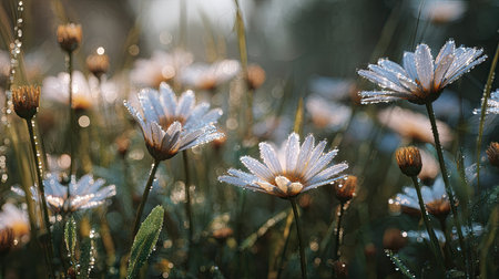 A panoramic wide view of Gerbera daisy meadow growing closely together in a dewy morning shining droplets on leaves warm soft daylight ultra realistic photography cinematic wide composition lifelike natural sceneの写真素材