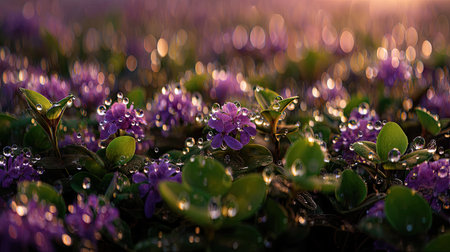 A panoramic wide view of Violet field growing closely together in a dewy morning shining droplets on leaves warm soft daylight ultra realistic photography cinematic wide composition lifelike natural sceneの写真素材