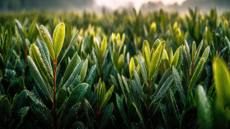 A panoramic wide view of Bay laurel field growing closely together in a dewy morning shining droplets on leaves warm soft daylight ultra realistic photography cinematic wide composition lifelike natural sceneの写真素材