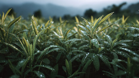 A panoramic wide view of Katuk field growing closely together in a dewy morning shining droplets on leaves warm soft daylight ultra realistic photography cinematic wide composition lifelike natural sceneの写真素材