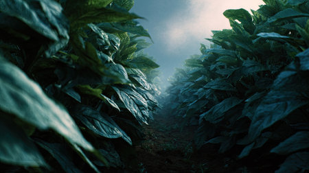 A panoramic wide view of Bitter leaf field growing closely together under moonlight silver glow on leaves serene calm atmosphere ultra realistic photography cinematic wide composition lifelike natural sceneの写真素材