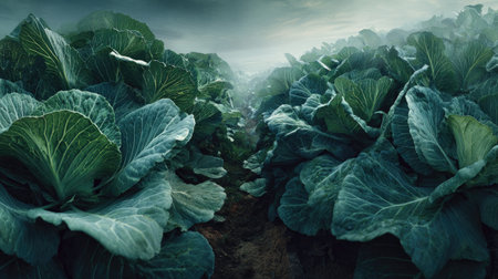 A panoramic wide view of Cauliflower garden growing closely together under moonlight silver glow on leaves serene calm atmosphere ultra realistic photography cinematic wide composition lifelike natural sceneの写真素材