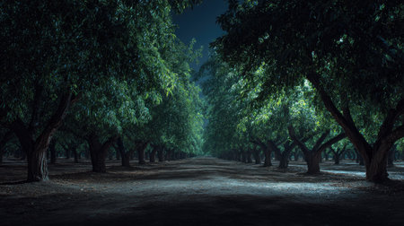A panoramic wide view of Cherry orchard growing closely together under moonlight silver glow on leaves serene calm atmosphere ultra realistic photography cinematic wide composition lifelike natural sceneの写真素材