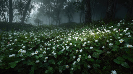 A panoramic wide view of a field growing closely together under moonlight silver glow on leaves serene calm atmosphere ultra realistic photography cinematic wide composition lifelike natural sceneの写真素材