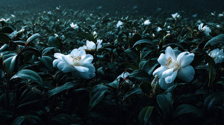A panoramic wide view of Camellia field growing closely together under moonlight silver glow on leaves serene calm atmosphere ultra realistic photography cinematic wide composition lifelike natural sceneの写真素材