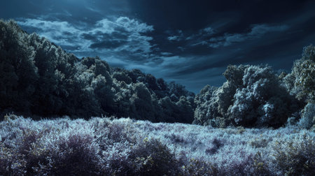 A panoramic wide view of Currant field growing closely together under moonlight silver glow on leaves serene calm atmosphere ultra realistic photography cinematic wide composition lifelike natural sceneの写真素材