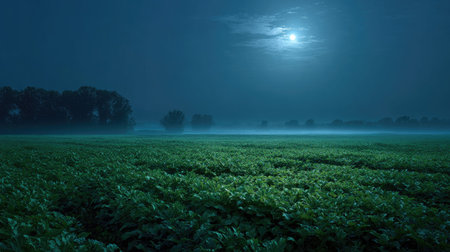 A panoramic wide view of Horseradish field growing closely together under moonlight silver glow on leaves serene calm atmosphere ultra realistic photography cinematic wide composition lifelike natural sceneの写真素材