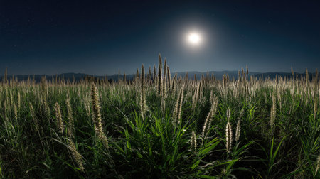 A panoramic wide view of Foxtail millet field growing closely together under moonlight silver glow on leaves serene calm atmosphere ultra realistic photography cinematic wide composition lifelike natural sceneの写真素材