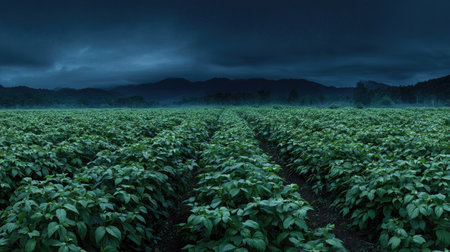 A panoramic wide view of Ginseng field growing closely together under moonlight silver glow on leaves serene calm atmosphere ultra realistic photography cinematic wide composition lifelike natural sceneの写真素材