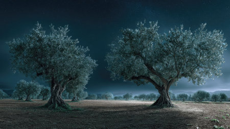 A panoramic wide view of Olive tree orchard growing closely together under moonlight silver glow on leaves serene calm atmosphere ultra realistic photography cinematic wide composition lifelike natural sceneの写真素材